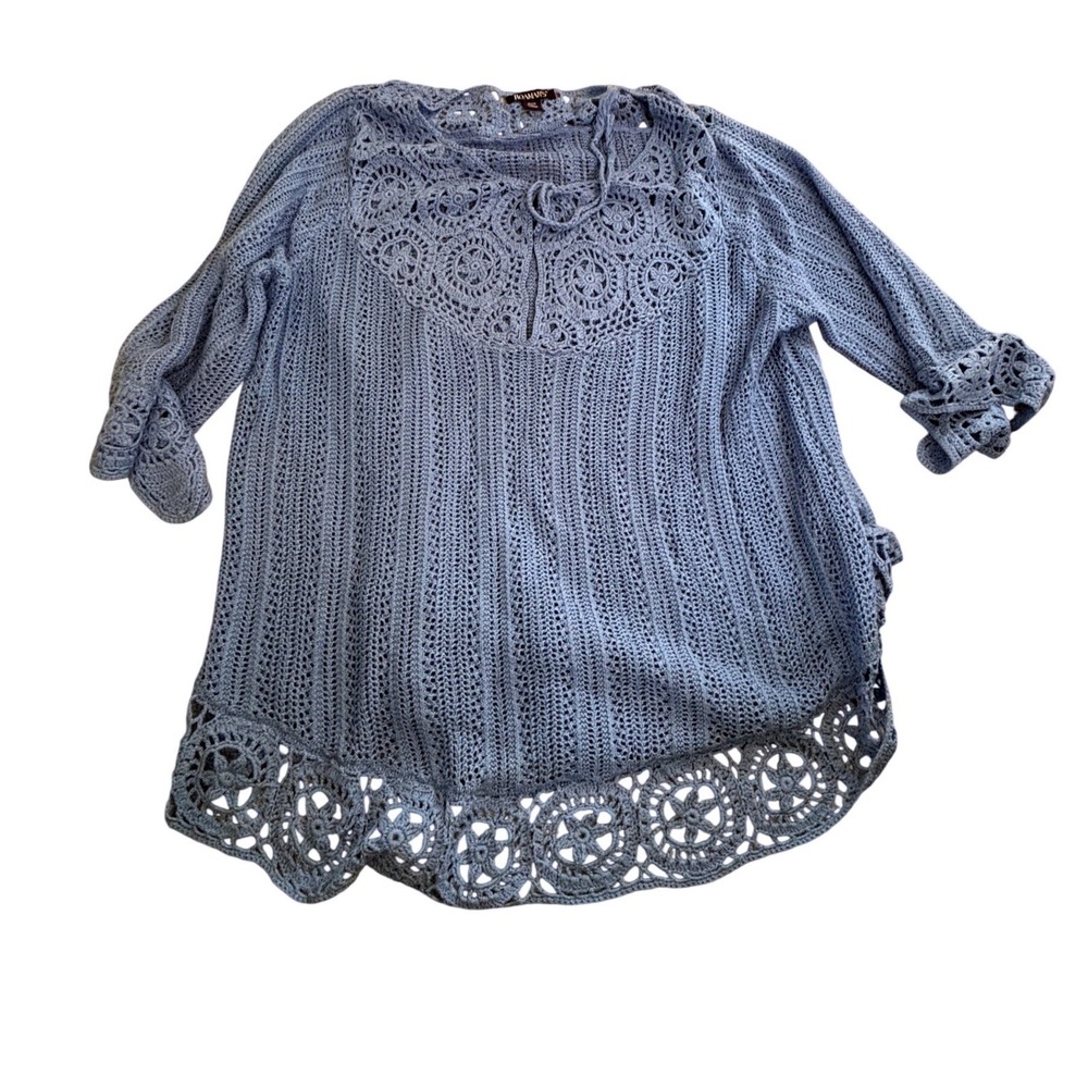 Roaman's Crochet Knit Tunic Womens L 18/20 Blue Floral Lace 3/4 Sleeve Sweater